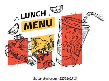 Bistro or street food restaurant lunch menu with sandwich and coke beverage. Tasty dishes, snacks and drinks. Toast with bacon and egg. Promotional banner or advertisement, vector in flat style