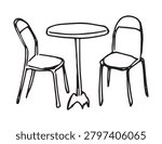 Bistro table and chairs doodle, black ink sketch. Round cafe table two seats, french outdoor furniture set, hand drawn vector clipart isolated on white background.