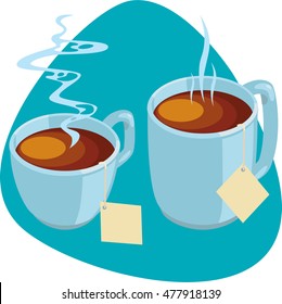 Bistro tea mug and cup with hot tea and tea bag. Isolated. Blue background.