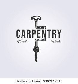 bit and brace hand drill logo, carpentry symbol icon vector illustration design