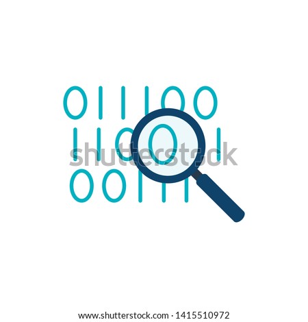 Bit byte flat icon. Binary code simple icon on white background. Magnifying glass with program coding vector illustration.