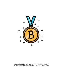 Bit coin cryptocurrency medal with ribbons - flat color line icon. Bitcoin crypto currency award concept in thin linear style. Virtual and digital money earning symbol.