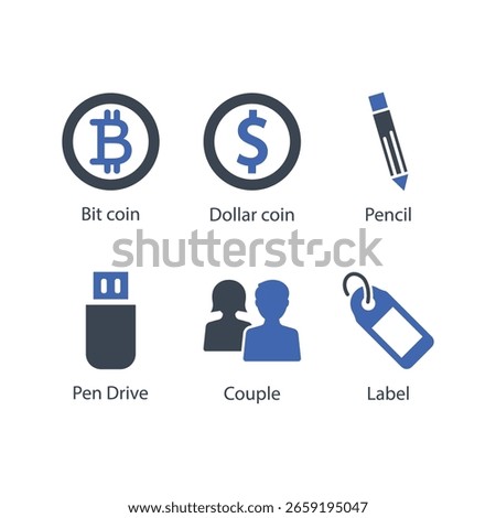 Bit coin, Dollar coin, Pencil, Pen Drive, Couple, Label, icon