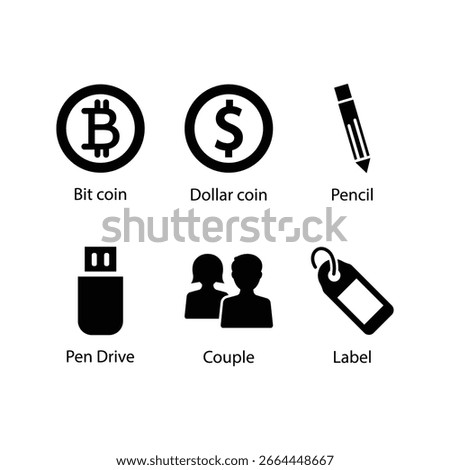 Bit coin, Dollar coin, Pencil, Pen Drive, Couple, Label, icon