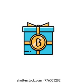 Bit coin logotype on the giftbox - flat color line icon. Bitcoin present symbol in thin linear design. Virtual and digital cryptocurrency vector concept for bonuses and promo events.