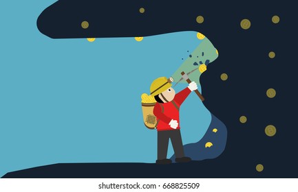 Bit coin miner mine concept web vector illustration.Mining man Bitcoin.miner worker mining gold coins in Mine.vector ,illustration