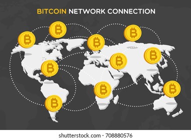 Bit coin network connection consisting of money, world map and connection. Vector Illustration