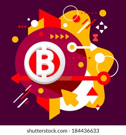 Bit coin on abstract dark colorful spotted background with different elements. Flat design 