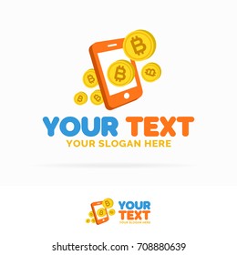 Bit coin payment mobile logo set consisting of flying money and phone flat style isolated on white background for money exchange, payment, bank. Vector Illustration