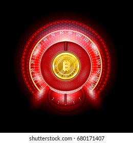 Bit coin round abstract shiny red speedometer with arrows and indicators