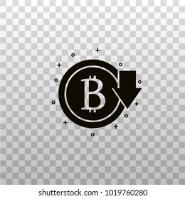 Bit coin sign with down arrow - black silhouette icon. Decreasing price of bitcoin - pictogram in material design. Digital and virtual money with decline rate symbol for infographics. 