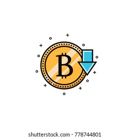 Bit coin sign with down arrow flat color line icon. Decreasing price of bitcoin - pictogram in thin linear style. Digital and virtual money with decline rate symbol for infographics. 