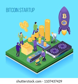 Bit coin start up project, crypto currency mining and transaction, computer hardware, blue background isometric vector illustration