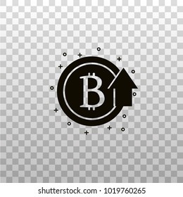 Bit coin symbol with up arrow - black silhouette icon. Increasing price of bitcoin - monochrome pictogram. Digital and virtual money illustration for infographics, web and mobile apps. 