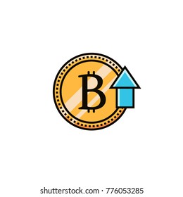 Bit coin symbol with up arrow flat color line icon. Increasing price of bitcoin - pictogram in thin linear style. Digital and virtual money illustration for infographics, web and mobile apps. 