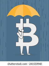 Bit coin with an umbrella standing under rain. Vector cartoon