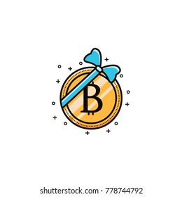 Bit coin wrapped with ribbon and bow - flat color line icon. Bitcoin present vector illustration. Cryptocurrency bonus symbol, sign, pictogram, image. Digital and virtual money element  or label.