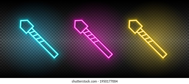 bit, concreto, icono del vector de taladro amarillo, rosa, conjunto de neón azul. Icono de vector de herramientas