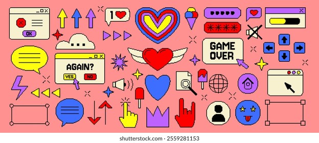 Bit icon. Game pixel element. Technology arrow. Love heart. Retro computer UI frame. Message interface bubble. Vintage art app. Digital color shape. Interface of screen. Vector garish Y2K symbols set