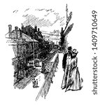 A Bit of Old New Orleans which is a drawing of a street in old New Orleans in Louisiana, vintage line drawing or engraving illustration.
