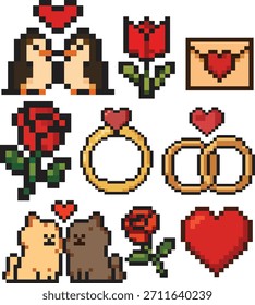 Pequeña ilustración de pixel art celebrando el amor y el Día de San Valentín con detalles encantadores y colores brillantes. Ideal para tarjetas, etiquetas de regalo y medios digitales