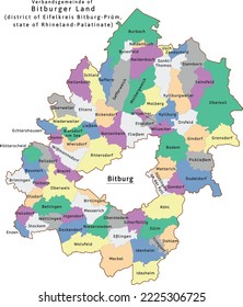 Bitburger Land verbandsgemeinde map of Eifelkreis Bitburg-Prüm district Rhineland-Palatinate state in Germany. Vectored. Colors shamrock, concrete, polo blue, drover, orchid, silver, caramel