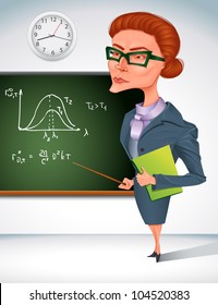 bitchy teacher in glasses is  holding pointer in her hand