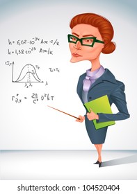 bitchy teacher in glasses is  holding pointer in her hand