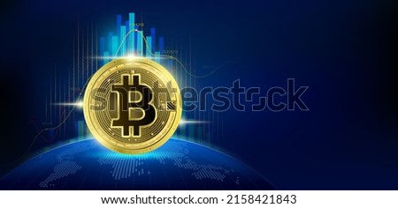 Bitcion SV gold coin. Token cryptocurrency future. Blockchain stock market and crypto currencies. Blank screen empty space for advertise text. Banner for news on world map. Vector EPS10.
