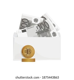 Bitcoin, 100 euros. Bitcoin, sobre. Moneda criptográfica de intercambio en red. Monedas de oro. Proyecto de negocio.