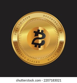 Bitcoin 2 Cryptocurrency logo in black color concept on gold coin. BTC2 Coin Block chain technology symbol. Vector illustration.
