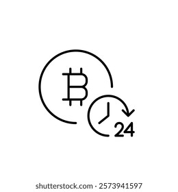 Bitcoin and 24 hours clock. All day cryptocurrency access. Endless digital currency cycle. Pixel perfect vector icon
