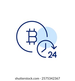 Bitcoin and 24 hours clock. All day cryptocurrency access. Endless digital currency cycle. Pixel perfect, editable stroke icon