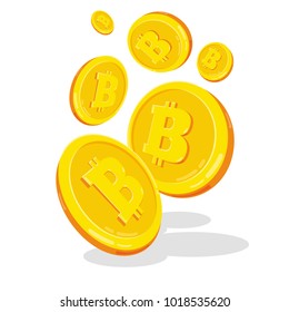 Bitcoin. 2D cartoon bit coin. Digital currency. Cryptocurrency. Golden coins with symbol isolated on white background. Stock vector illustration