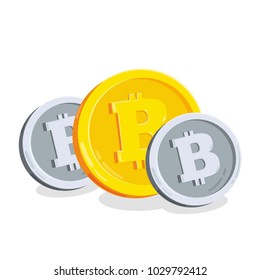Bitcoin. 2D cartoon bit coin. Digital currency. Cryptocurrency. Golden coins with symbol isolated on white background. Stock vector illustration.
