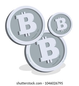 Bitcoin. 2D cartoon bit coin. Digital currency. Cryptocurrency. Golden coins with symbol isolated on white background. Stock vector illustration.