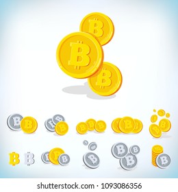 Bitcoin. 2D cartoon bit coin. Digital currency. Cryptocurrency. Golden coins with symbol isolated on white background. Stock vector illustration.