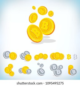 Bitcoin. 2D cartoon bit coin. Digital currency. Cryptocurrency. Golden coins with symbol isolated on white background. Stock vector illustration.