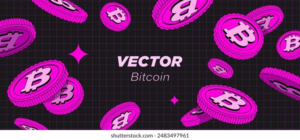 Bitcoin. 2D cartoon Falling Explosion. Vector. Flat, Pink Coins. Cryptography Finance Tsoin Design. Fintech Blockchain. Isolated. Illustration 90s of bit coin in Retro y2k style in a black background