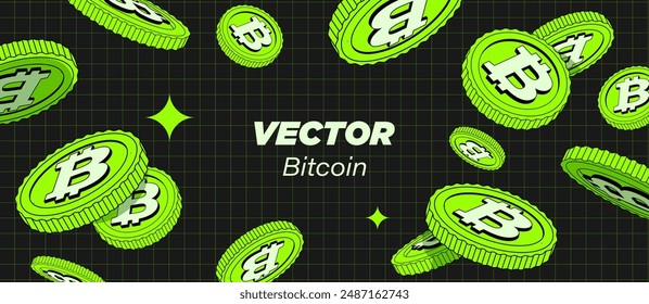 Bitcoin. 2D cartoon Falling Explosion. Vector. Flat, Green Coins. Cryptography Finance Tsoin Design. Fintech Blockchain. Isolated. Illustration 90s of bit coin in Retro y2k style in a black background