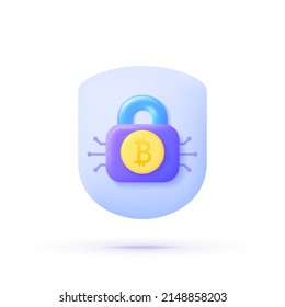 Bitcoin 3d. Financial technology concept. Online payment, security. Bitcoin digital wallet. Security protection concept. Blockchain digital technology. 3d Vector Illustration.