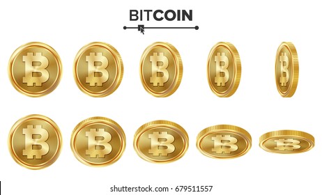 Bitcoin 3D Gold Coins Vector Set. Realistic. Flip Different Angles. Digital Currency Money. Investment Concept. Cryptography Finance Coin Icons, Sign. Fintech Blockchain. Currency Isolated On White