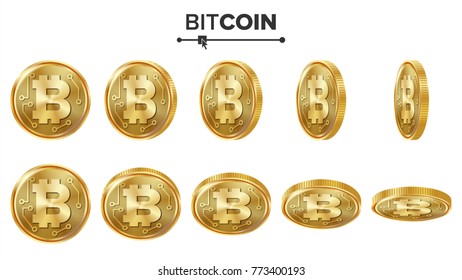 Bitcoin 3D Gold Coins Vector Set. Realistic. Flip Different Angles. Digital Currency Money. Cryptography Finance Coin Icons, Sign. Currency Isolated On White