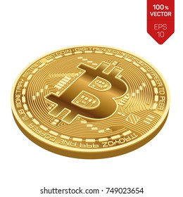 Bitcoin. 3D isometric Physical bit coin. Digital currency. Cryptocurrency. Golden coin with bitcoin symbol isolated on white background. Stock vector illustration