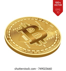 Bitcoin. 3D isometric Physical bit coin. Digital currency. Cryptocurrency. Golden coin with bitcoin symbol isolated on white background. Stock vector illustration