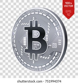 Bitcoin. 3D isometric Physical bit coin. Digital currency. Cryptocurrency. Silver coin with bitcoin symbol isolated on transparent background. Stock vector illustration