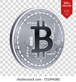 Bitcoin. 3D isometric Physical bit coin. Digital currency. Cryptocurrency. Silver coin with bitcoin symbol isolated on transparent background. Stock vector illustration