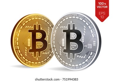 Bitcoin. 3D isometric Physical bit coin. Digital currency. Cryptocurrency. Golden and silver coins with bitcoin symbol isolated on white background. Stock vector illustration