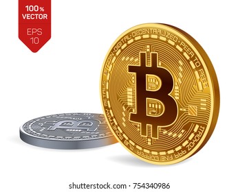 Bitcoin. 3D isometric Physical bit coin. Digital currency. Cryptocurrency. Golden and silver coins with bitcoin symbol isolated on white background. Stock vector illustration