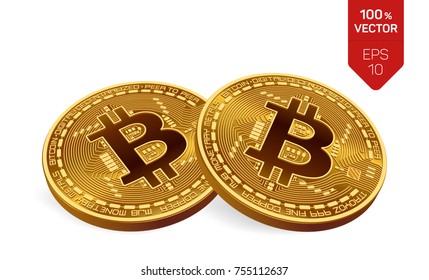Bitcoin. 3D isometric Physical bit coin. Digital currency. Cryptocurrency. Two Golden coins with symbol isolated on white background. Stock vector illustration